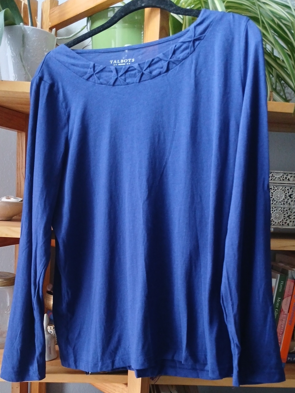 Talbots Classic Navy Long Sleeve Knit Top with Braided Neckline